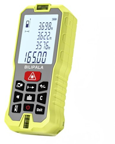 Laser Measure, 165ft Digital Laser Distance Meter with 2 Bubble Levels, 2 Backlit LCD, High Precision Laser Measuring Tool,Area Measurement,Volume and Pythagoras, Mute, Battery Included