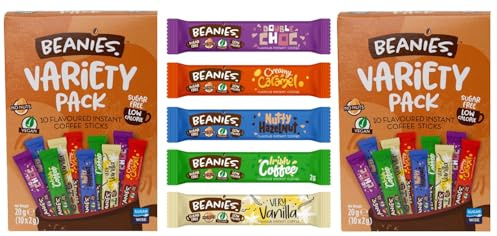 Beanies Flavoured Instant Coffee Sticks Variety Pack, 2 Packs of 10 x 2g Sachets (Total 20 Sticks, 5 Flavours) Very Vanilla, Irish Coffee, Double Choc, Nutty Hazelnut, Creamy Caramel