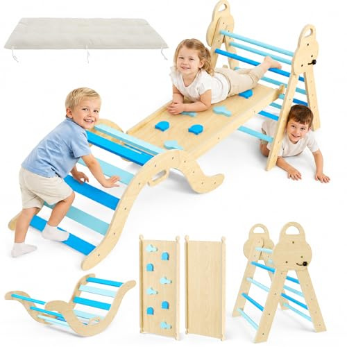 Krovtoy Montessori 7 en 1 estructura de escalada interior, triángulo de escalada con tobogán y arco de escalada, juguete de escalada de madera estable con alfombrilla de seguridad, parque infantil