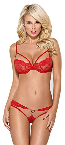 Selente Love & Fun Sfizioso Completo Intimo a 3 Pezzi: Reggiseno, Slip ed Esclusiva Benda per Occhi in Raso, Rosso con Cuore, L-XL
