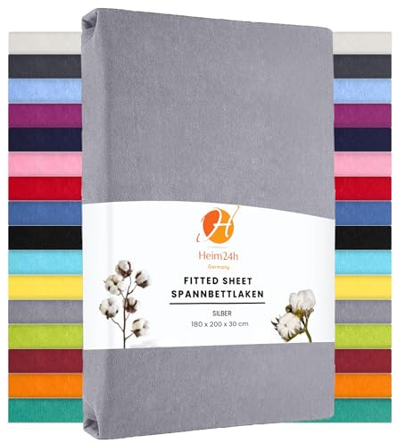 Heim24h Spannbettlaken 180x200cm bis 30 cm, Silber, 100% Baumwolle Bettlaken, Öko Tex Zertifiziert Jersey Spannbetttuch