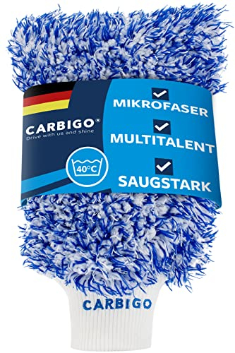 Carbigo® Profi Waschhandschuh Auto – Extrem saugstarker Autowaschhandschuh – Idealer Mikrofaser Handschuh und Felgenhandschuh – Perfekt für Nassreinigung von Autos, Motorräder oder Haushalt (Blau)