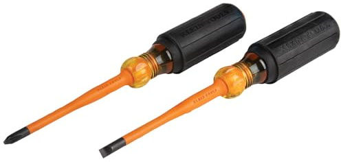 Klein Tools 33732INS 1000V Slim Tip Insulated Screwdriver Set, 2 Phillips and 1/4-Inch Cabinet Tips, Cushion Grip Handle, 2-Piece,Black and Orange