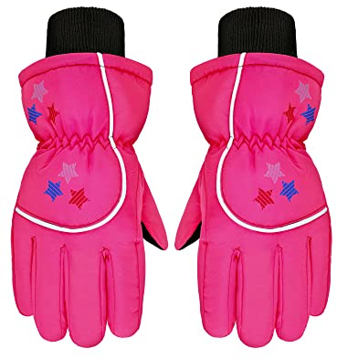 Boao Winter Snow Ski Glove for Kid Waterproof,5-10 Years,Stars,Rose Red