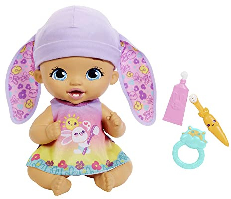 My Garden Baby poupée bébé Lapin Premières dents, 30 cm, poupon avec 3 accessoires et tenue 2 en 1, bonnet mauve, jouet pour enfant dès 2 ans, HGC12