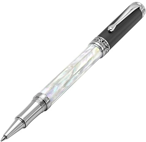 Xezo Maestro stylo roller fait main, pointe fine. Nacre blanche iridescente d'origine océanique avec revêtement en carbone de type diamant PVD. Numéroté, chaque stylo est unique