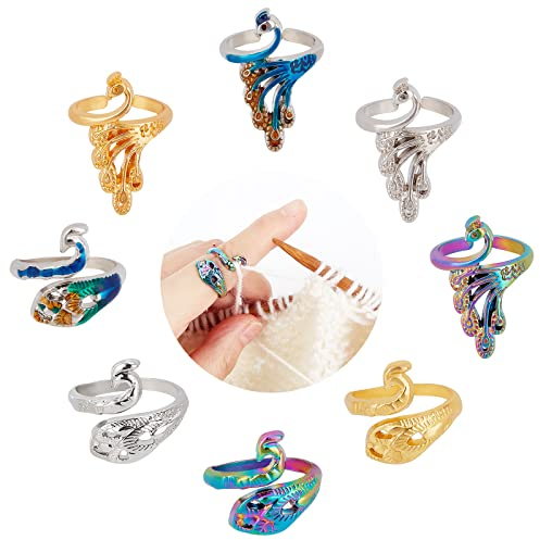 CHGCRAFT 14 Stück 8 Stile Pfau Offene Strickschlaufe Häkelring Verstellbare Strickschlaufe Ring Garn Führung Fingerhalter für Quilten Nähen Handwerk DIY Handarbeit Stricken 17,1 mm