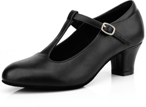 Women's T-Strap Character Shoes Latin Ballroom Dance Heels Black Wedding Pumps, Black, 4.5 UK