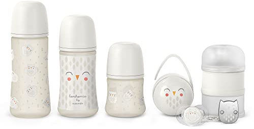 Suavinex, Babyflaschen Set, für Neugeborene. 3 x Anti-Colic-Babyflaschen + Schnuller 0/6 Monate mit SX Pro physiologischer Sauger + Milchpulver Portionierer + Duo Schnullerbox + Schnullerkette. Grau