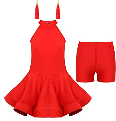 inhzoy Vestito da Ballo Latino Americano Bambina Ragazza Latin Dance Dress Abito da Danza Samba Tango Salsa + Pantaloncini + Orecchini con Nappe Ballroom Dancewear Performance