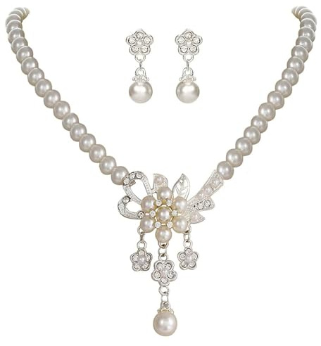 Boda Flor Collar Conjunto Nupcial Cristal Blanco Perla Imitación Colgante Pendientes Floral Rhinestone Cadena Joyería para Mujer Novia Dama de Honor (Blanco A)