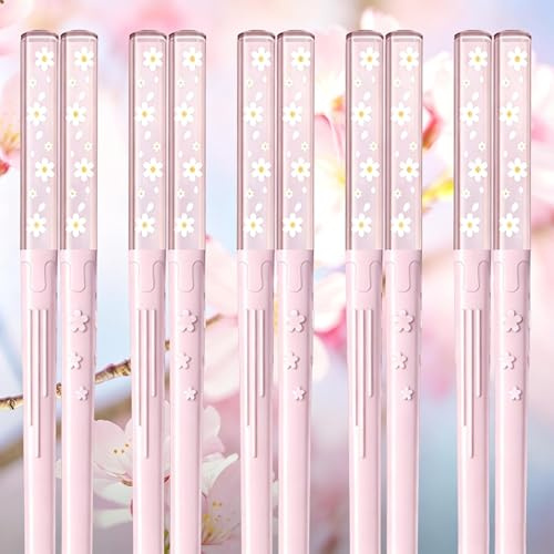 5 paia di bacchette in fibra di vetro, riutilizzabili, lavabili in lavastoviglie, 24,3 cm, opache, antiscivolo, per famiglia/hotel/ristorante, bastoncini cinesi/giapponesi, fiori di ciliegio, rosa