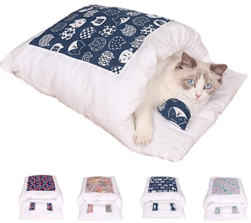 Argumub Orthopädischer Katzenschlafsack Katzenbett Katzenschlafsack Flauschig Warmer Abnehmbare Waschbare Kleines Haustierbett Für Katzen Hunde (M, Blue Cat)