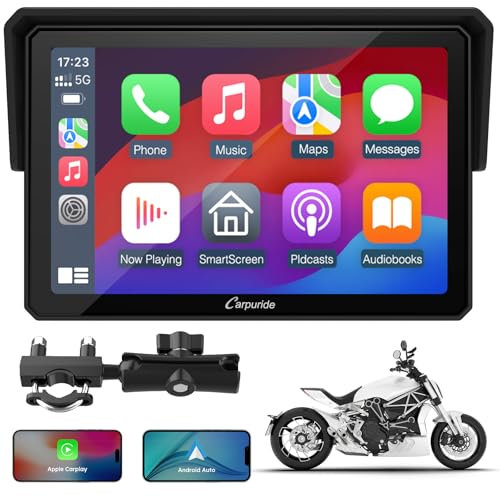 Carpuride W502 Écran Moto 5 GPS avec CarPlay sans Fil & Android Auto - Écran Tactile IPS Étanche IP67, Double Bluetooth, Navigation GPS, Siri,Béquille Moto réglable en Forme de U