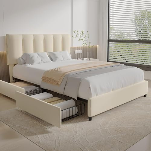 VECELO 4ft6 Double Bed Frame with 4 Storage Drawers, Upholstered Platform with Adjustable Velvet Headboard, Sturdy Wooden Slat Support, No Box Spring Needed, Easy Assembly, Beige