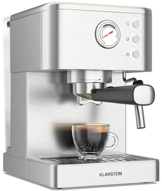 Klarstein SteelPresso Machine à Café Grain – 20 Bars, 1350W, Acier Inoxydable, Fonction Vapeur, Réservoir 1.5L, Compacte, Plaque Chauffante, Idéale Petites Cuisines