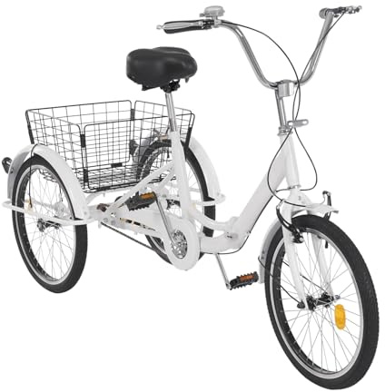20 Zoll Faltbar Dreirad für Erwachsene, 3-Rad-Fahrrad mit Einkaufskorb Dreiräder Höhenverstellbares Seniorenfahrrad Damen-Citybike, Klappbar Cruise Cargo Dreirad für Männer und Frauen (Weiß)