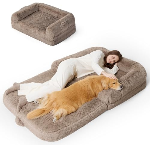 Bedsure Foldable Human Dog Bed - 2 in 1 Flexible Giant Human Dog Bed for Adult People with Supportive Bolster Egg Foam, Waterproof Liner, Calming Fluffy Faux Fur Orthopedic Big Bean Bed, Camel