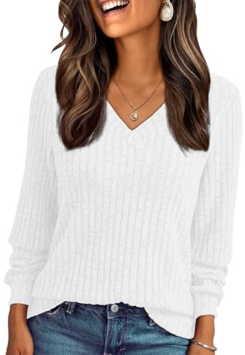 Haslike Camisetas elegantes de mujer con cuello en V acanaladas de manga larga, tops tipo túnica, sudaderas camisas de ajuste holgado, blanco, S