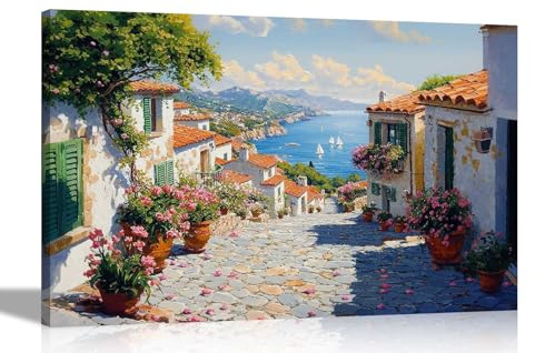 Artley Prints - Mediterranean Ocean View Mountain Landscape Canvas Wall Art Pictures for Living Room Framed Prints Large 86 x 61cm (34 x 24 inches) A1