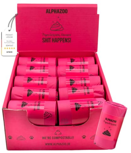 alphazoo Sacchetti per escrementi di cani, biodegradabili, rosa, 600 pezzi, extra resistenti agli strappi, a prova di perdite e compostabili, sacchetti sostenibili per cani su ruote, sacchetti per