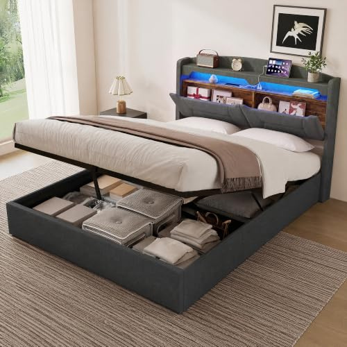 KSFASHZ Hydraulisk förvaringssäng 140 x 200, dubbelsängar med LED och USB-laddning, bagageutrymmessäng 140 x 200 med sänggavel och lamellbotten, grått linne