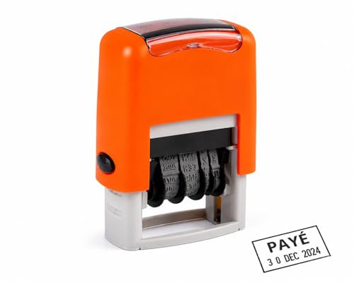 Tampon Dateur Automatique avec Base Ouverte, Rouge, Auto-Encreur, Format Date Réglable, pour Documents et Courrier (Tampon dateur + mention Payé)