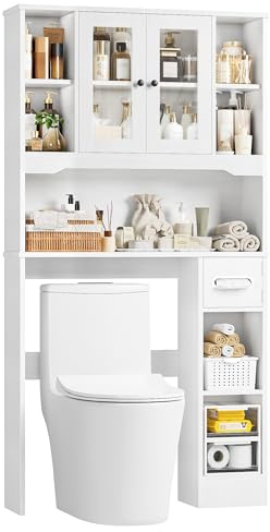 FOREHILL tvättmaskinsskåp, toaletthylla med dörrar, 7 öppna fack | Toalettskåp med näsdukslåda, tvättmaskinshylla över tvättmaskin/toalett, 89 x 20 x 173 cm
