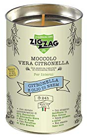 Zig Zag, Candela agli Oli Essenziali di Citronella Giava e Neem, Moccolo per Interni, made in Italy, stoppino a base di fibra naturale, durata 24 Ore