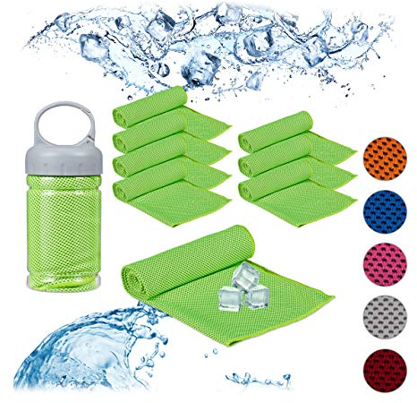 Relaxdays 8 x Kühlendes Handtuch, Mikrofaser, Kühltücher Hals, Sport & Fitness, mit Box, Kühlhandtuch Yoga, 90 x 30 cm, grün