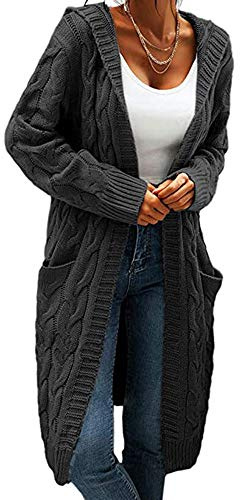 Women Hooded Open Front Cardigan Cable Knit Sweaters Solid Color Chunky Long Sweater Coats