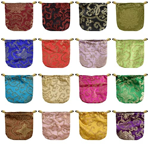 VIOCIWUO Brocade Fabric Drawstring Pouch Embroidery Silk Purse Jewelry Pouch Coin Purse for Necklace Jewelry Sachet Bag 16PCS