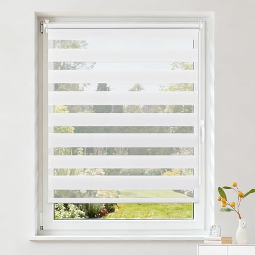 Buseu Store Enrouleur Jour Nuit sans Perçage, Rideau Translucide & Occultant, Fixation Facile par Clips pour Fenêtre ou Porte, Blanc, 40l x 150L cm (Largeur du Tissu 40 cm)