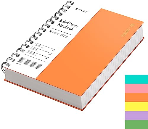 EMSHOI A5 Notebook Lined, Spiral Journal, 300 Pages, PVC Cover, Orange | 100GSM Paper, Flexible Plastic Cover, Notepad with Sticky Notes, Pocket, Pen Loop, Bookmark Ruler for Writing, 14.5 x 21cm