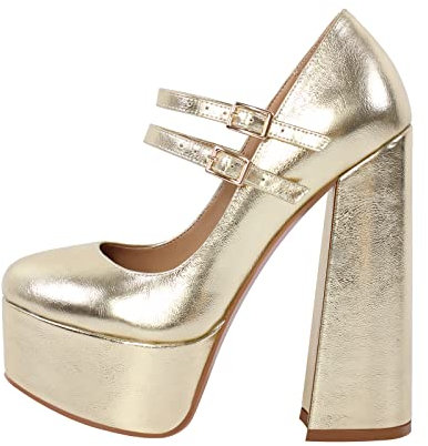 Only maker Damen Plateau Riemchen High Heels Mary Jane Halbschuhe Pumps Klobiger Absatz Metallic Optik Spangenpumps Gold 39 EU