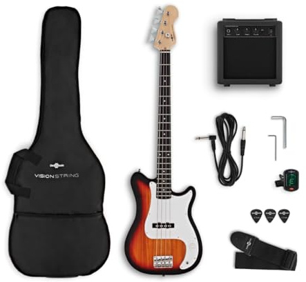 VISIONSTRING Electric Bass Guitar and Amp Kit for Adults & Beginners Full Size Bass Guitars sunburst