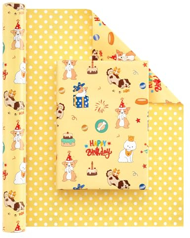 WERNNSAI Hunde Geschenkpapierrolle – 1 Rolle 43 cm x 10 m wendbar alles Gute zum Geburtstag Geschenkpapierrolle Kindergeburtstag Geschenkpapier Dog wrapping paper single roll