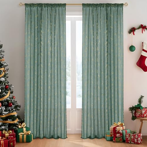 MRTREES julgardin skira gardiner gröna gardiner guldmönster gardiner vardagsrum sovrum lång gardin 240 cm bred 140 cm halvgenomskinlig gardin set med 2