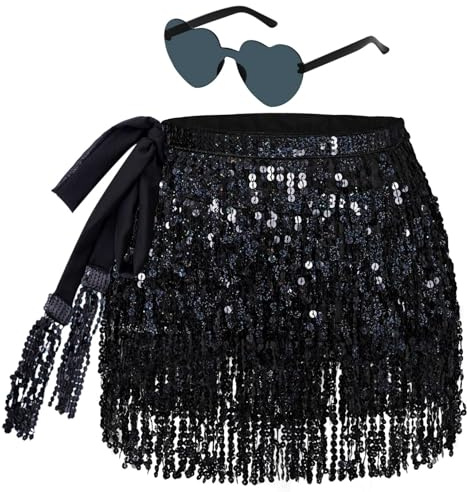 Falda de lentejuelas con flecos para mujer con gafas hippie, mini falda latina corta para danza del vientre, disfraz rave para mujeres y niñas, Negro , Talla única