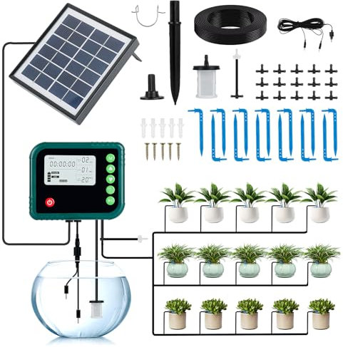 Solar Automatisches Bewässerungssystem mit LED-Anzeige, Automatisches Tropfbewässerungs Set Pflanzenbe Wässerungsgerät mit 880 Timer Modi und 15M Schlauch, für Garten, Balkon, Kübelpflanzen im Freien