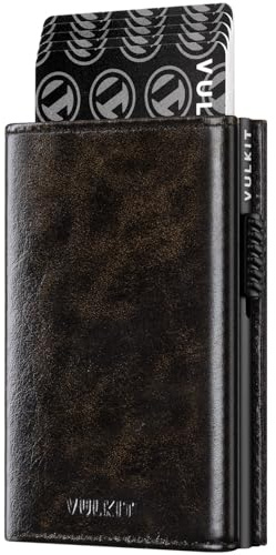 VULKIT Credit Card Holder RFID Blocking Leather with Industrial Metallique Texture Pop Up Card Wallet with Banknote Compartment, ID Window, Coin Pocket & Magnetic Closure