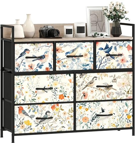HOMCOM Bedroom Chest of Drawers, Fabric Dresser with 7 Drawers, Open Shelf and Steel Frame for Living Room, Hallway, White