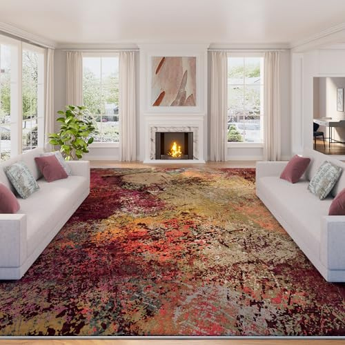 Arbosofe Modern Abstract Rug for Living Room, 8'x10' Washable Area Rug with Non-Slip Backing & Short Pile, Large Carpet with Abstract Pattern for Living Room Bedroom and Dining Floor Carpet Red Orange