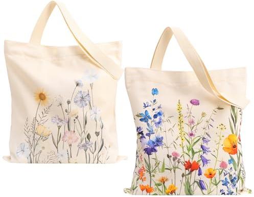 saerryor 2 Pcs Floral Canvas Tote Bags for Women Girls with Inner Pocket