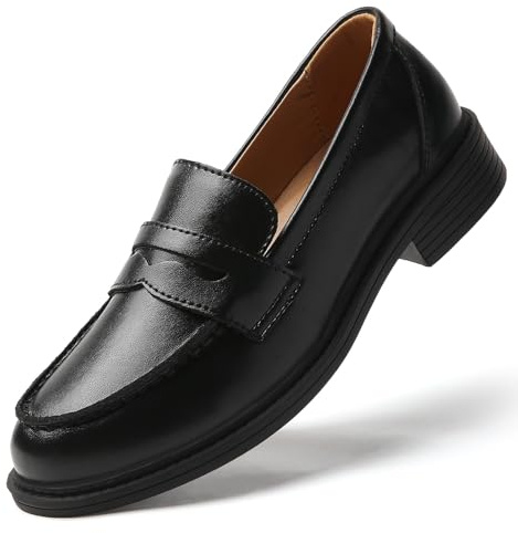 QJN Penny Loafers for Women Black Leather Non Slip Work Shoes for Women's Loafers & Slip-Ons Ladies Business Casual Shoes Comfortable Cute Lightweight Sneakers Soft Driving Dress Flats Size 6