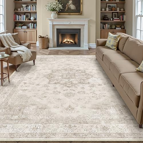 PureCozy Taupe Vintage Vardagsrum Matta 300x400cm Tvättbar Mattor | Halkfri,Sovrumsmatta Stor Rug,Sovrum,Kort Lugg Carpet,Matsal Rugs,Kontor Carpet,Barnrum,Inomhusbruk Golvmatta
