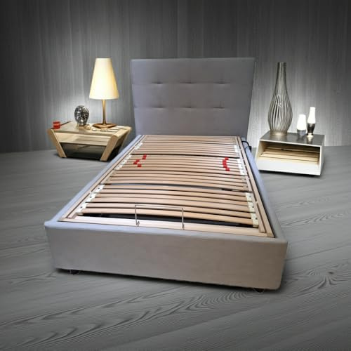 SARDAMATERASSI- Letto motorizzato una piazza e mezza tessuto grigio chiaro con box contenitore ortopedico
