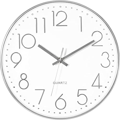 Foxtop Modern Wall Clock Silver 12 Inch - Silent Non Ticking Analogue Clock with Easy Read Numbers, Battery Powered Quartz Movement for Home, Office, Classroom, Kitchen