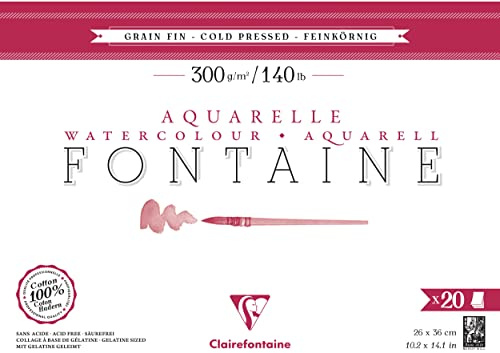 Clairefontaine 975501C Bloc Encollé 4 Côtés Fontaine - 20 Feuilles Papier Aquarelle Blanc 100% Coton Grain Fin Qualité Professionnelle 26x36 cm 300g