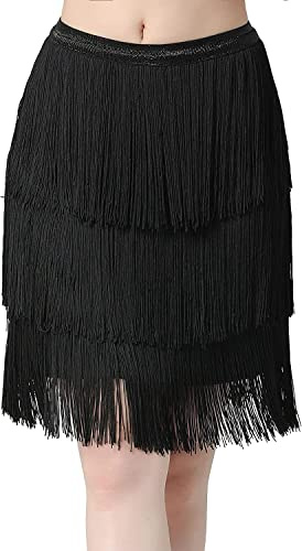 Falda con flecos de baile latino, salsa de tango, falda de borla para mujer, disfraz de vaquera de Halloween, falda rave, Negro -, M/L